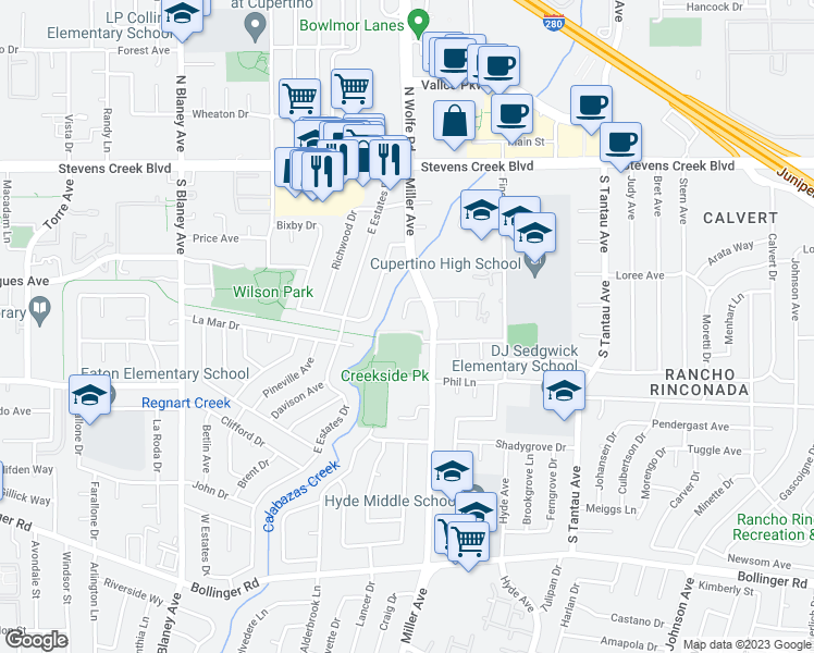 map of restaurants, bars, coffee shops, grocery stores, and more near 10339 Greenwood Court in Cupertino