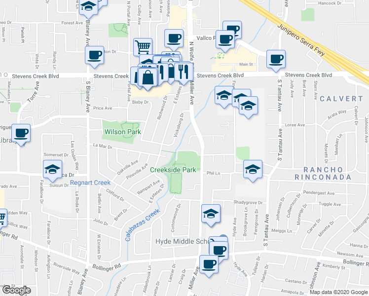 map of restaurants, bars, coffee shops, grocery stores, and more near 10339 Greenwood Court in Cupertino
