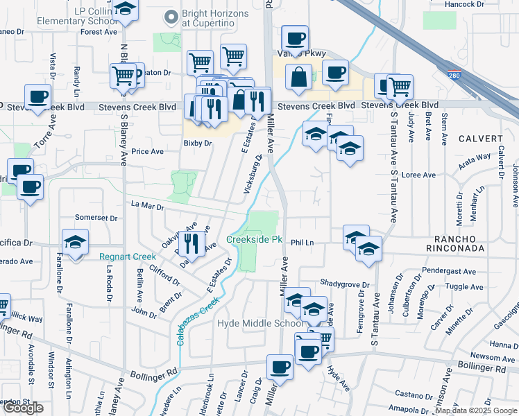 map of restaurants, bars, coffee shops, grocery stores, and more near 10339 Greenwood Court in Cupertino