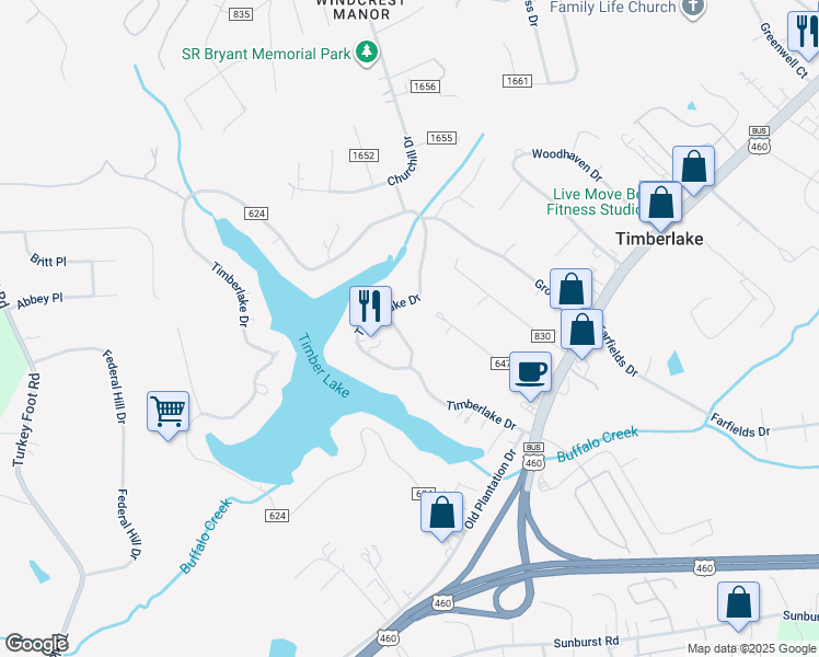 map of restaurants, bars, coffee shops, grocery stores, and more near 595 Timberlake Drive in Lynchburg