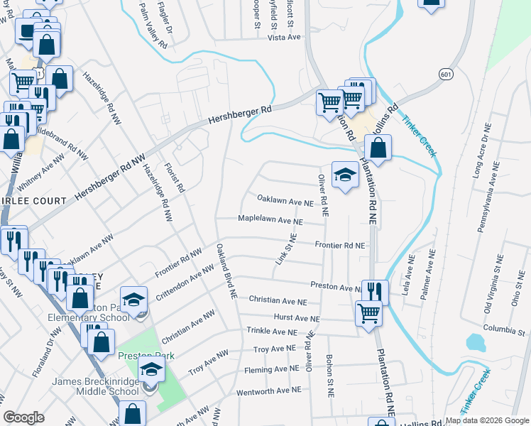 map of restaurants, bars, coffee shops, grocery stores, and more near 138-148 Oaklawn Avenue Northeast in Roanoke