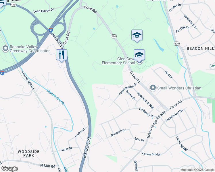 map of restaurants, bars, coffee shops, grocery stores, and more near 2955 Emissary Drive in Roanoke