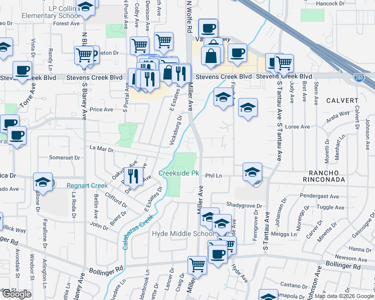 map of restaurants, bars, coffee shops, grocery stores, and more near 10339 Greenwood Court in Cupertino