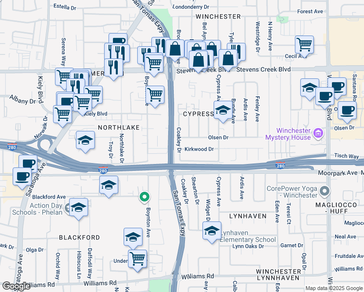 map of restaurants, bars, coffee shops, grocery stores, and more near 514 Coakley Drive in San Jose