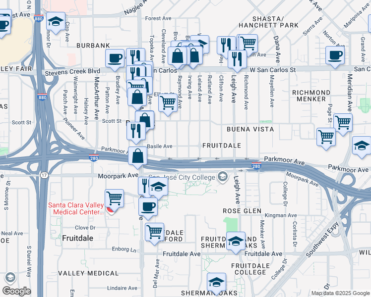 map of restaurants, bars, coffee shops, grocery stores, and more near 553 Irving Avenue in San Jose