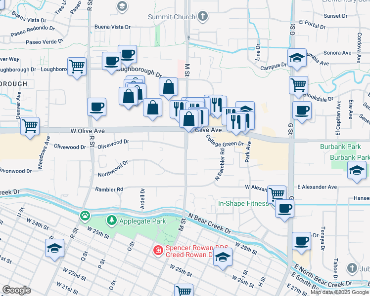 map of restaurants, bars, coffee shops, grocery stores, and more near 601 Olivewood Drive in Merced