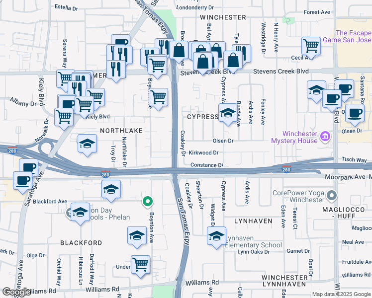 map of restaurants, bars, coffee shops, grocery stores, and more near 514 Coakley Drive in San Jose