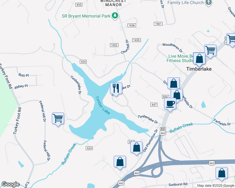 map of restaurants, bars, coffee shops, grocery stores, and more near 533 Timberlake Drive in Lynchburg