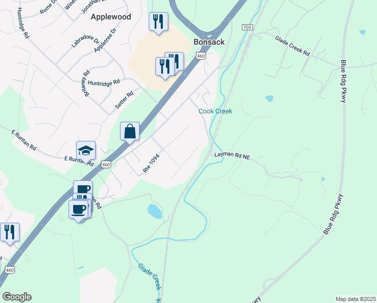 map of restaurants, bars, coffee shops, grocery stores, and more near 4732 Phyllis Road Northeast in Roanoke
