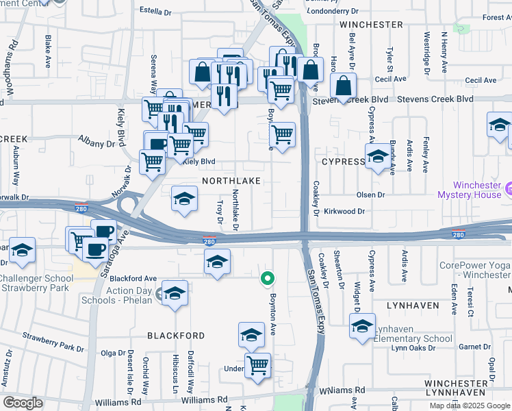 map of restaurants, bars, coffee shops, grocery stores, and more near 485 Boynton Avenue in San Jose