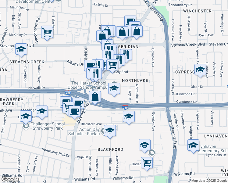 map of restaurants, bars, coffee shops, grocery stores, and more near 500 Saratoga Avenue in San Jose