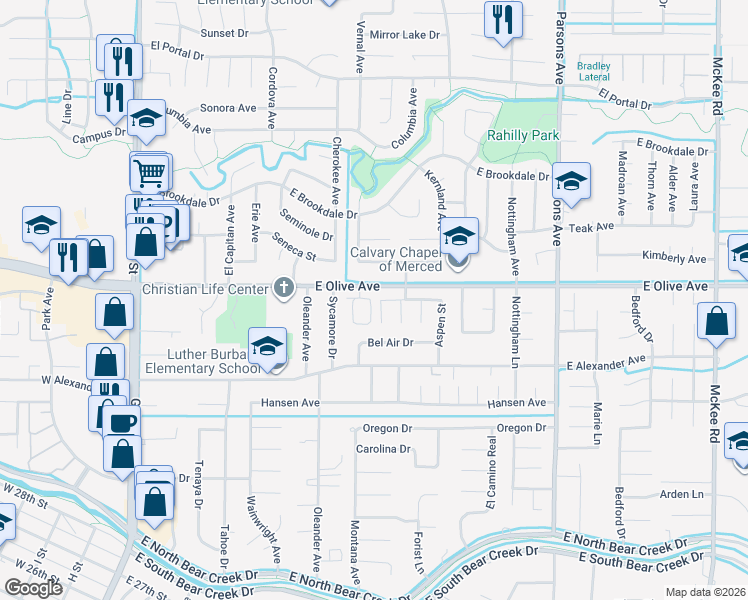 map of restaurants, bars, coffee shops, grocery stores, and more near 1049 East Olive Avenue in Merced