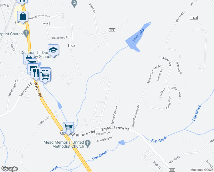 map of restaurants, bars, coffee shops, grocery stores, and more near 18 Squire Circle in Lynchburg