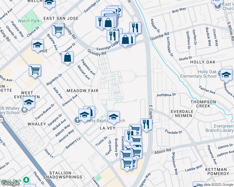 map of restaurants, bars, coffee shops, grocery stores, and more near 2218 Quimby Road in San Jose
