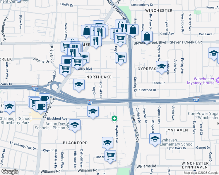 map of restaurants, bars, coffee shops, grocery stores, and more near 485 Boynton Avenue in San Jose