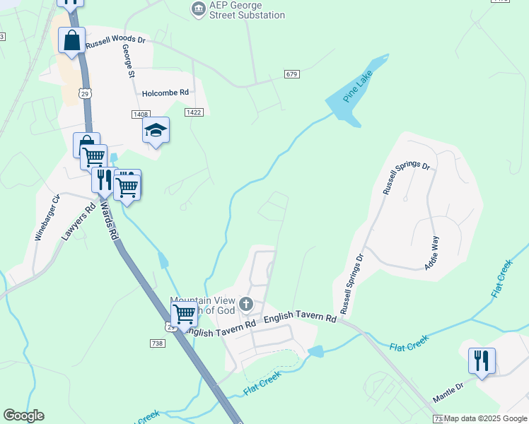 map of restaurants, bars, coffee shops, grocery stores, and more near 64 Squire Circle in Lynchburg