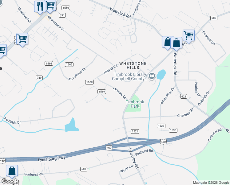 map of restaurants, bars, coffee shops, grocery stores, and more near 160-170 County Road 1568 in Timberlake