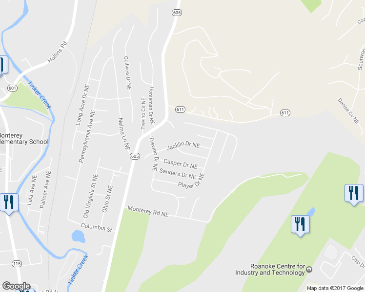 map of restaurants, bars, coffee shops, grocery stores, and more near 4704 Jacklin Drive Northeast in Roanoke