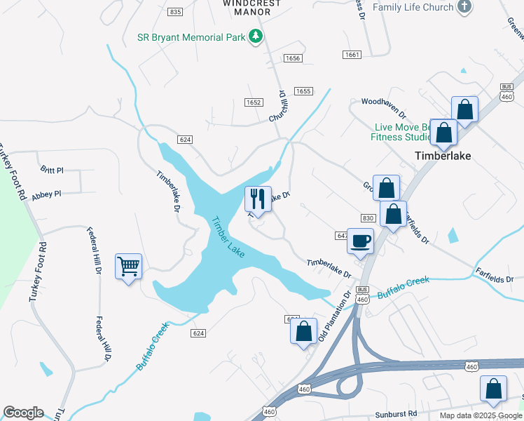 map of restaurants, bars, coffee shops, grocery stores, and more near 533 Timberlake Drive in Lynchburg