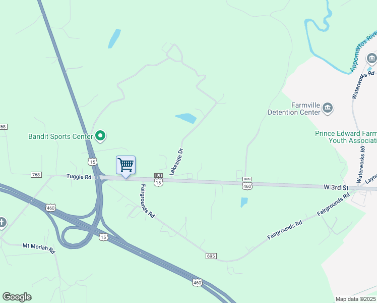 map of restaurants, bars, coffee shops, grocery stores, and more near 196 Lakeside Drive in Farmville