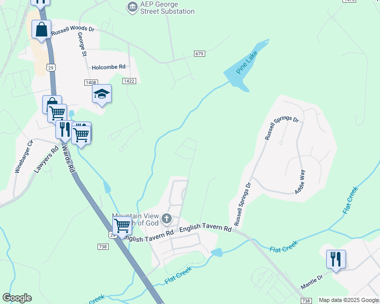 map of restaurants, bars, coffee shops, grocery stores, and more near 22 Squire Circle in Lynchburg