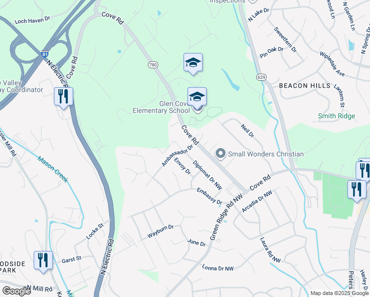 map of restaurants, bars, coffee shops, grocery stores, and more near 5425 Ambassador Drive in Roanoke