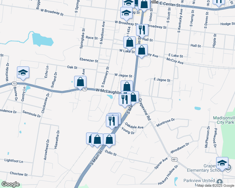 map of restaurants, bars, coffee shops, grocery stores, and more near 75 West McLaughlin Avenue in Madisonville