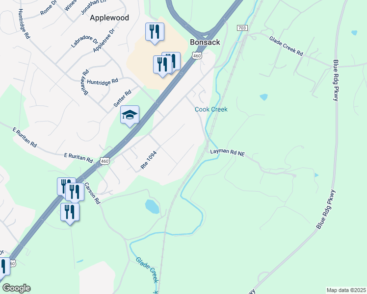 map of restaurants, bars, coffee shops, grocery stores, and more near 4732 Phyllis Road Northeast in Roanoke