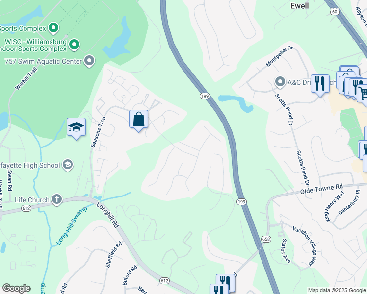 map of restaurants, bars, coffee shops, grocery stores, and more near 117 Heron Court in Williamsburg