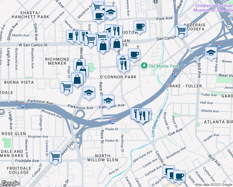 map of restaurants, bars, coffee shops, grocery stores, and more near 625 Lincoln Avenue in San Jose