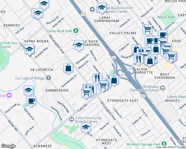 map of restaurants, bars, coffee shops, grocery stores, and more near 1225 Midpine Avenue in San Jose