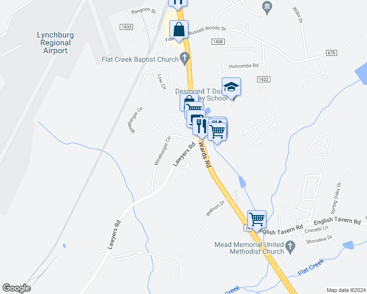 map of restaurants, bars, coffee shops, grocery stores, and more near 87 Lawyers Road in Lynchburg