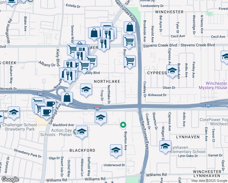 map of restaurants, bars, coffee shops, grocery stores, and more near 503 Westlake Drive in San Jose