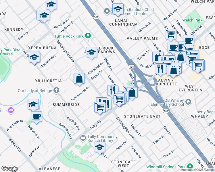 map of restaurants, bars, coffee shops, grocery stores, and more near 1225 Midpine Avenue in San Jose