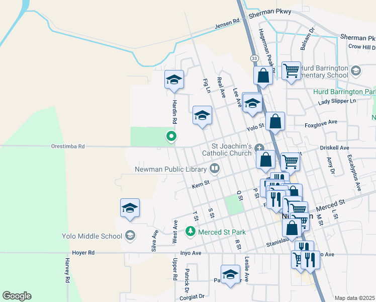 map of restaurants, bars, coffee shops, grocery stores, and more near 1433 Orestimba Road in Newman
