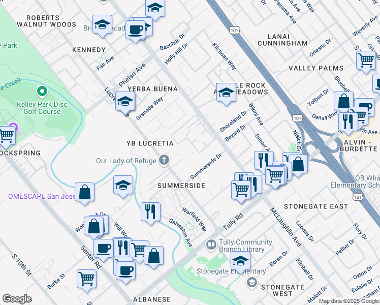 map of restaurants, bars, coffee shops, grocery stores, and more near 2175 Summerton Drive in San Jose