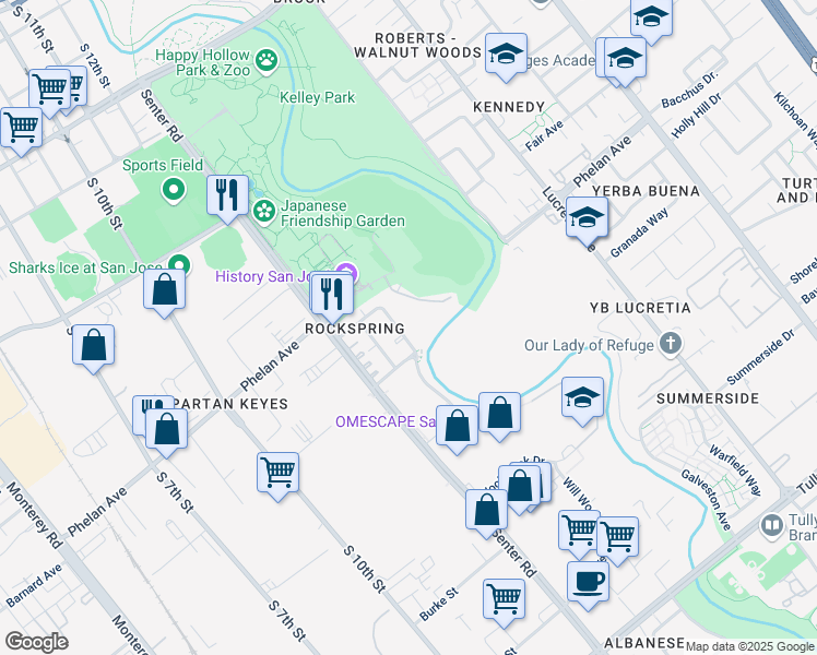 map of restaurants, bars, coffee shops, grocery stores, and more near 1778 Rock Springs Drive in San Jose