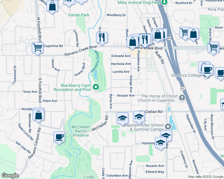 map of restaurants, bars, coffee shops, grocery stores, and more near 21909 San Fernando Avenue in Cupertino