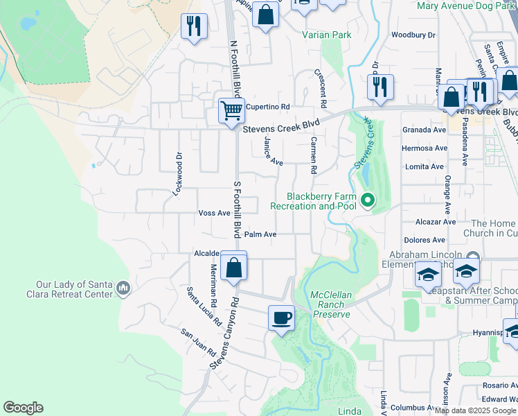 map of restaurants, bars, coffee shops, grocery stores, and more near 10310 Walnut Circle in Cupertino