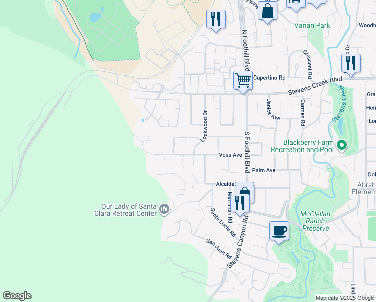 map of restaurants, bars, coffee shops, grocery stores, and more near 10320 Lockwood Drive in Cupertino