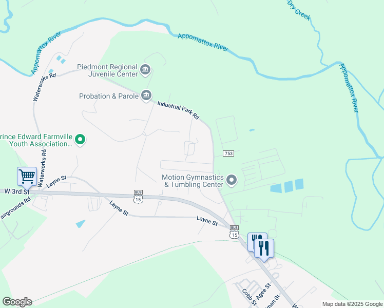 map of restaurants, bars, coffee shops, grocery stores, and more near 112-128 Callaway Lane in Farmville