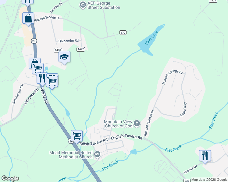 map of restaurants, bars, coffee shops, grocery stores, and more near 64 Squire Circle in Lynchburg