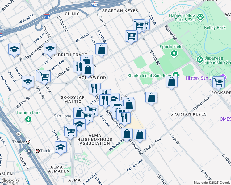 map of restaurants, bars, coffee shops, grocery stores, and more near 1286 Alma Court in San Jose