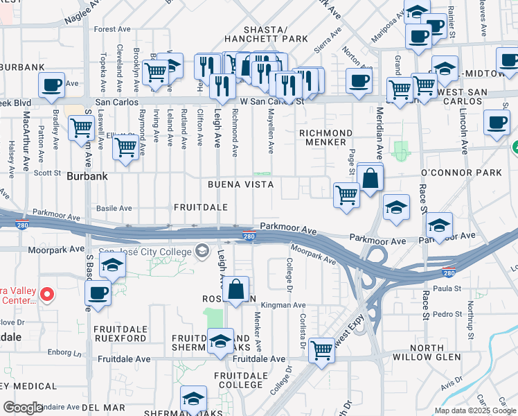 map of restaurants, bars, coffee shops, grocery stores, and more near 548 Menker Avenue in San Jose