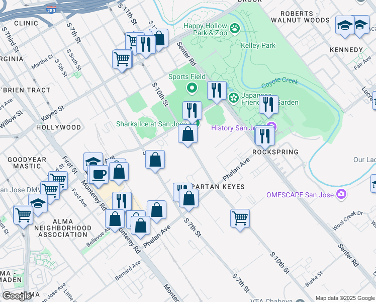 map of restaurants, bars, coffee shops, grocery stores, and more near 1500-1610 S 10th St in San Jose