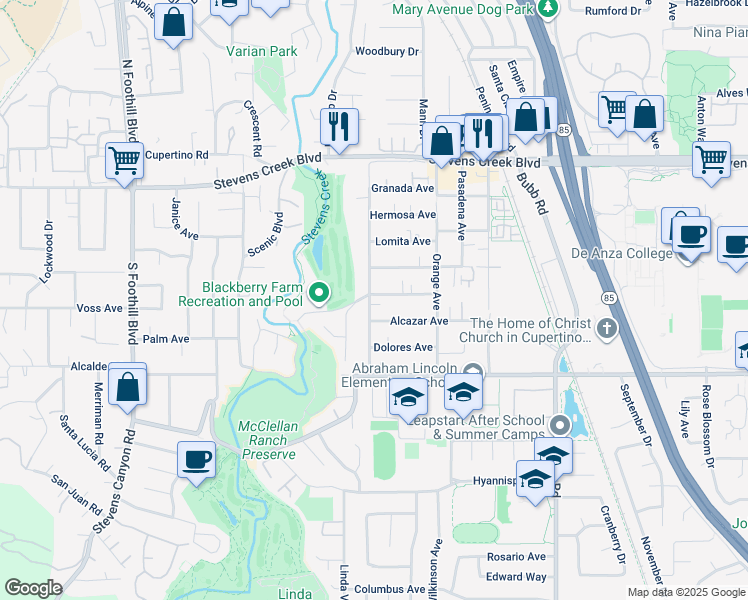 map of restaurants, bars, coffee shops, grocery stores, and more near 21909 San Fernando Avenue in Cupertino
