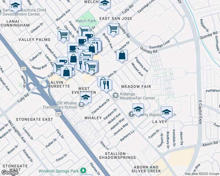 map of restaurants, bars, coffee shops, grocery stores, and more near 2647 Aida Avenue in San Jose