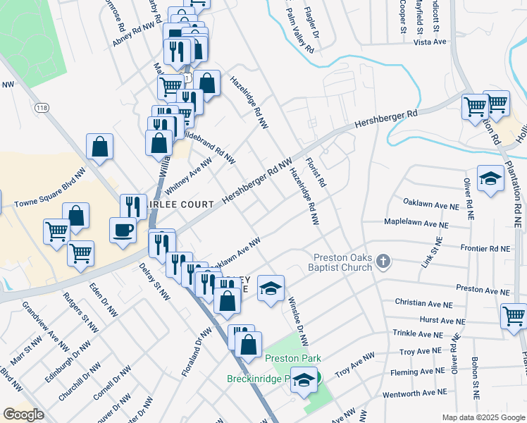 map of restaurants, bars, coffee shops, grocery stores, and more near 3328 Birchlawn Avenue Northwest in Roanoke