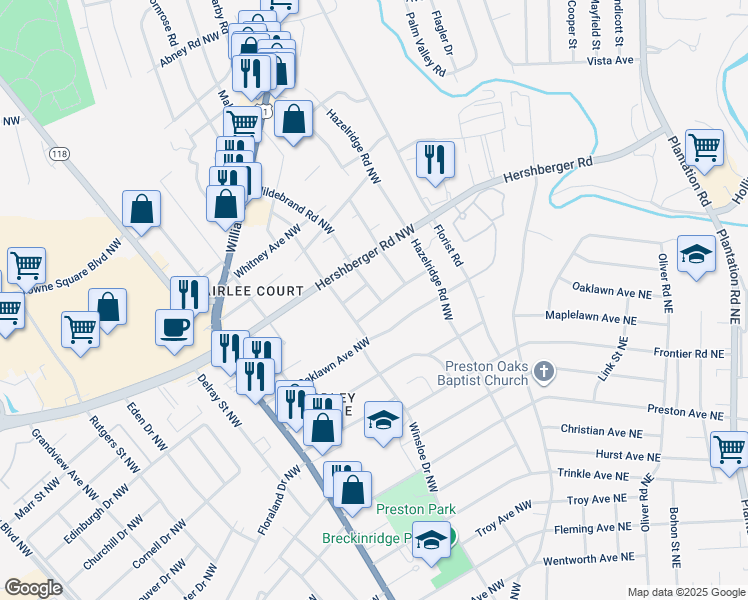map of restaurants, bars, coffee shops, grocery stores, and more near 3328 Birchlawn Avenue Northwest in Roanoke