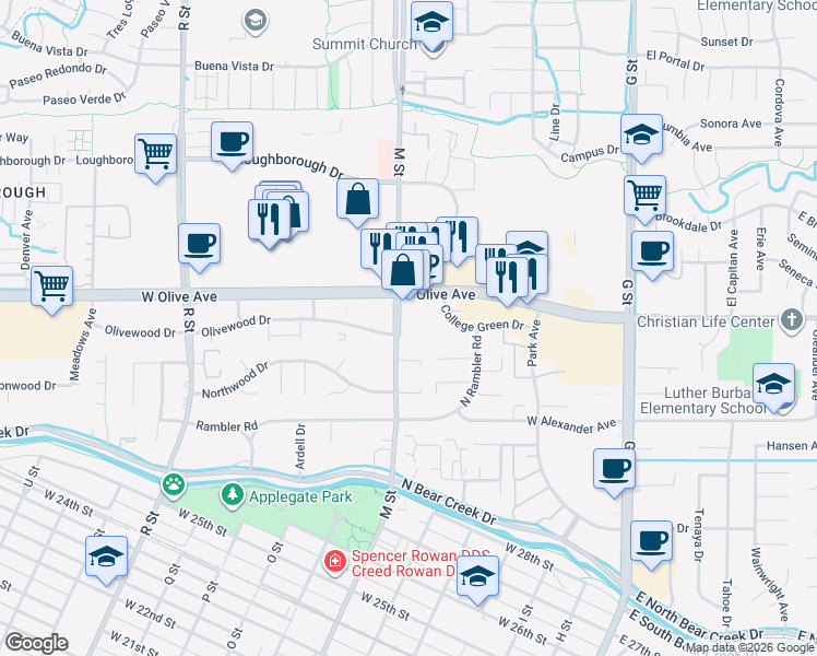 map of restaurants, bars, coffee shops, grocery stores, and more near 3014 M Street in Merced